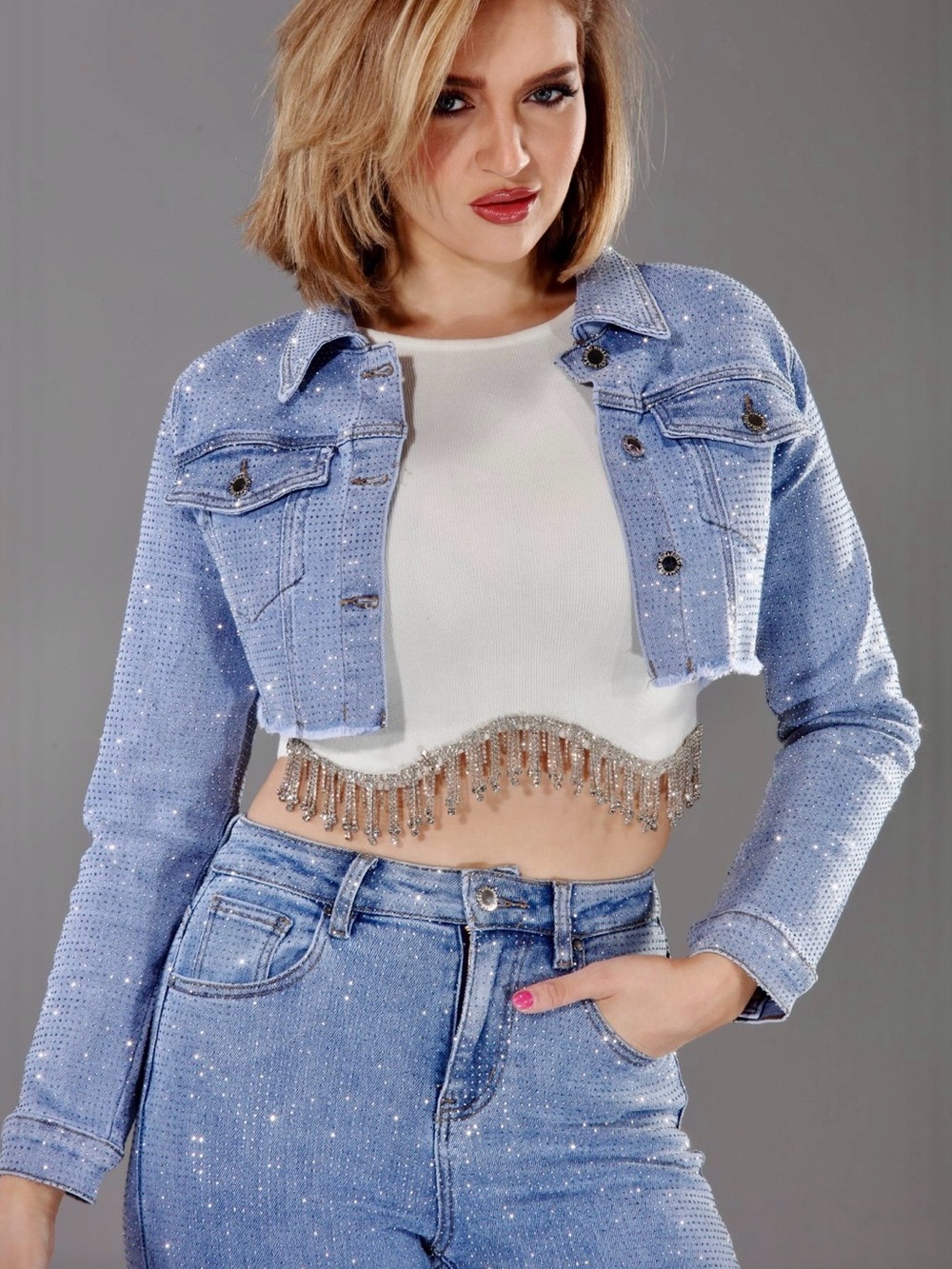 Light Blue Denim Embellished Crop Jacket